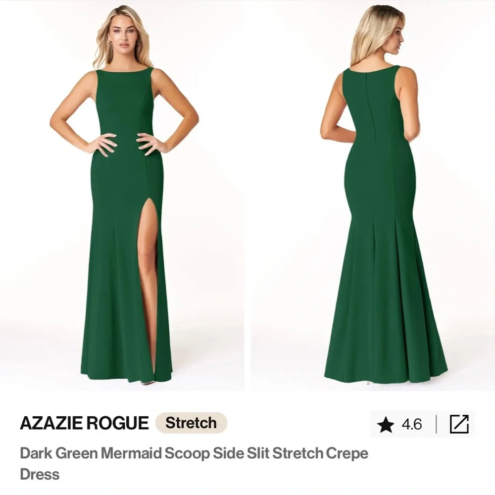 Azazie Dark Green Mermaid Scoop Side Slit Stretch Crepe Dress - Picture 1 of 3